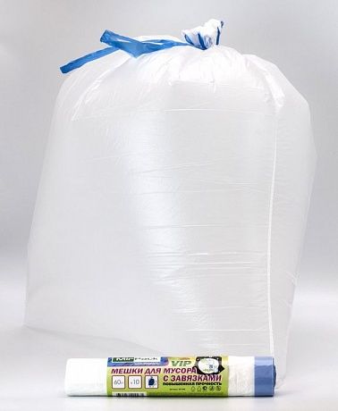 Пакеты для мусора с завязками 60 л, 18 мкм, ПНД, белые, 10 шт - Вид 2